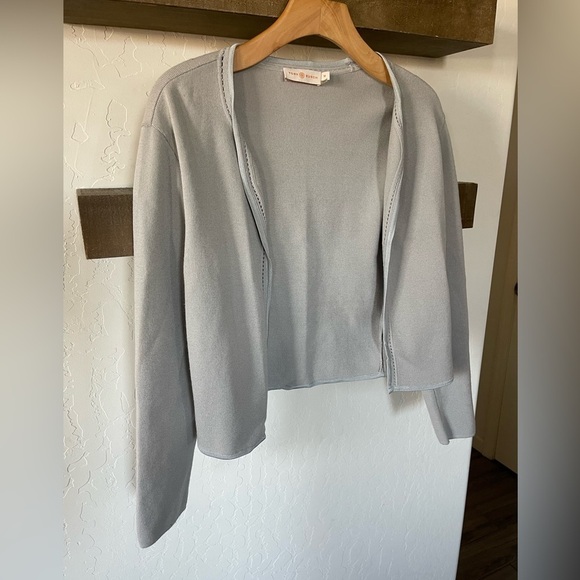 Tory Burch| Gray open front cardigan, slightly cropped with Knit eyelet detail• - Picture 6 of 15